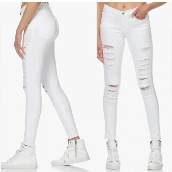 FRAME Le Skinny de Jeanne Ripped Distressed Skinny Jeans White Casual Size 26 - Picture 1 of 11